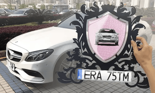 metallschild gestalten schwarz gepulvert mit Rosa Schlangenleder Hintergrund in der Hand personalisiertes metallschild