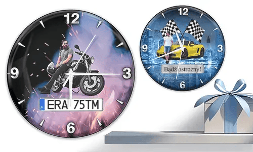Two wall clocks with male figures and vehicles: left with motorcycle and flame background, right with yellow sports car and racing flags