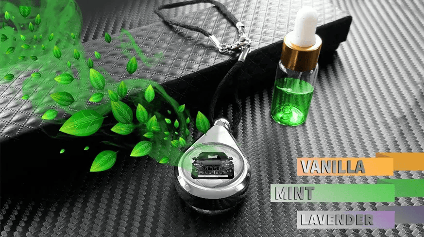 Auto-Parfümanhänger, der Duft verströmt, neben Nachfüllfläschchen, die verfügbare Aromen wie Vanille, Minze und Lavendel zeigen