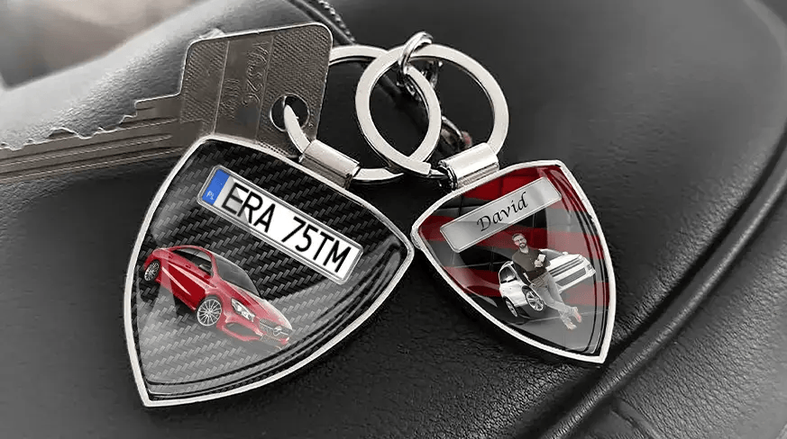 Custom shield photo keychains with personalized car photos