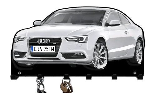 Wandmontierter Schlüsselhalter in Form eines weißen Audi mit Haken zur Schlüsselorganisation